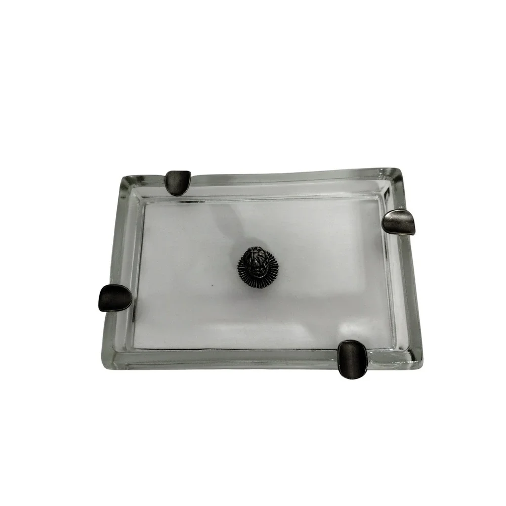 Vintage Glass Ashtray w Metal Cigarette Rests &‎ Acorn Finial Mid Century